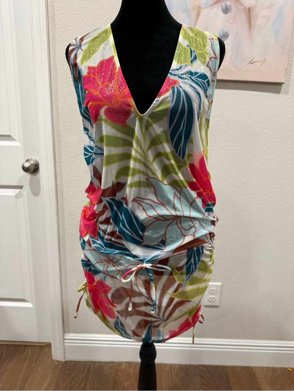 Vince Camuto Tropical Floral V-Neck Swim Coverup in Pink, Teal, Lime